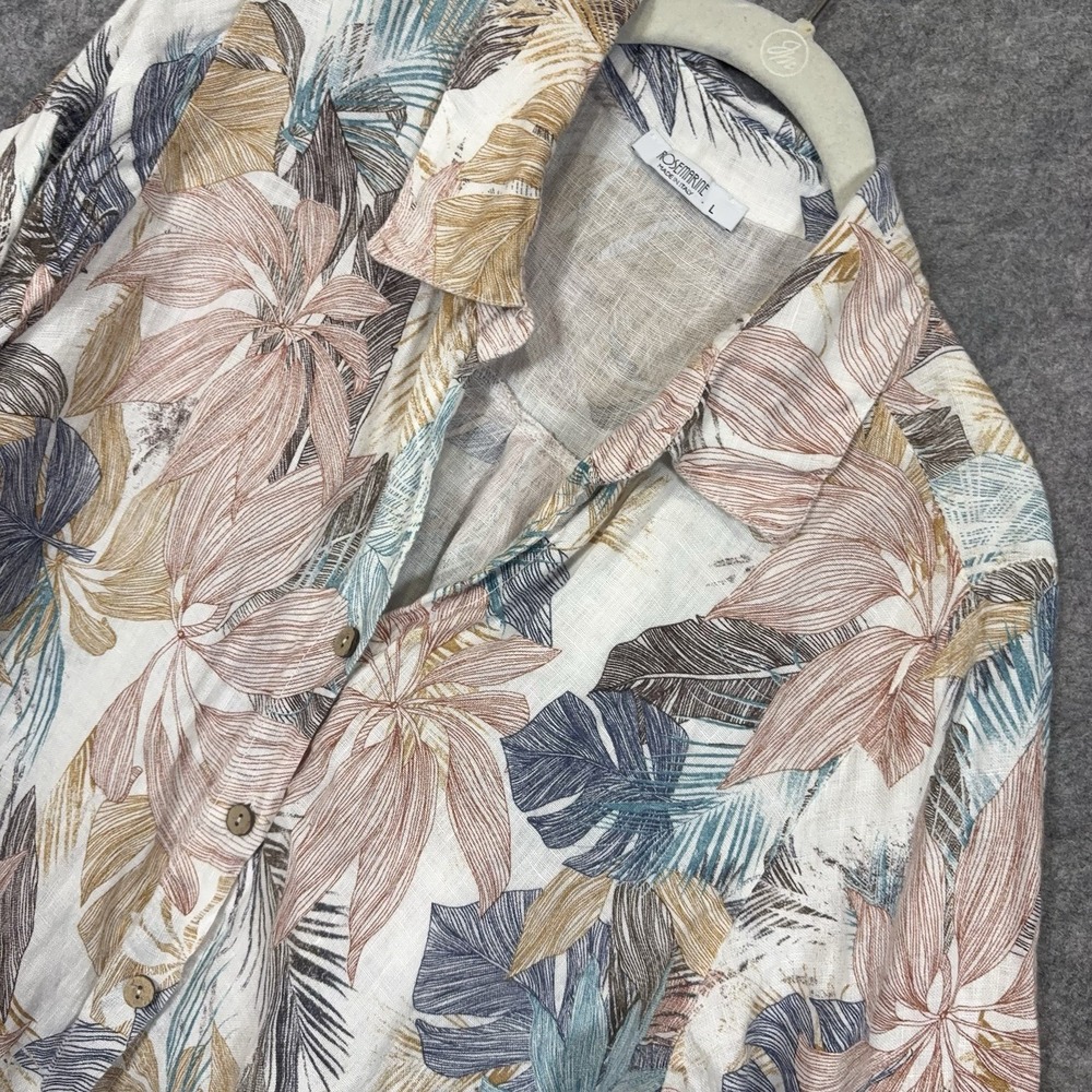 Rosemarine Linen Tunic Womens Sz L White Floral Roll Tab Made in Italy